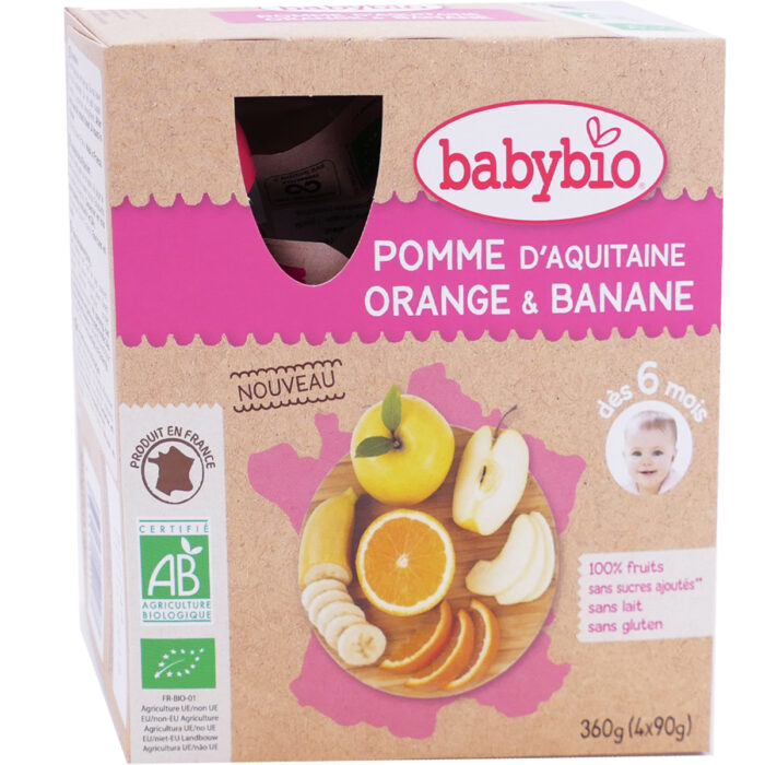 BABYBIO POMME D'AQUITAINE ORANGE BANANE 4 X 90 G