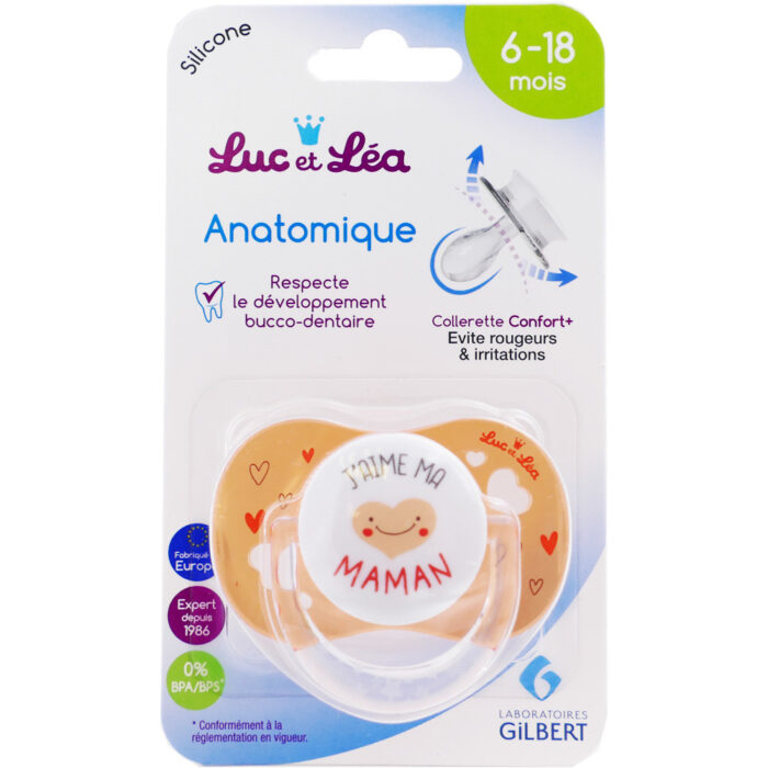 LUC ET LEA SUCETTE SILICONE ANATOMIQUE 6-18 MOIS "J'AIME MA MAMAN"