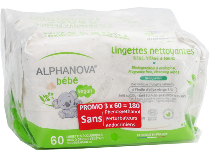 ALPHANOVA BEBE 3X60 LINGETTES SANS PARFUM PACK