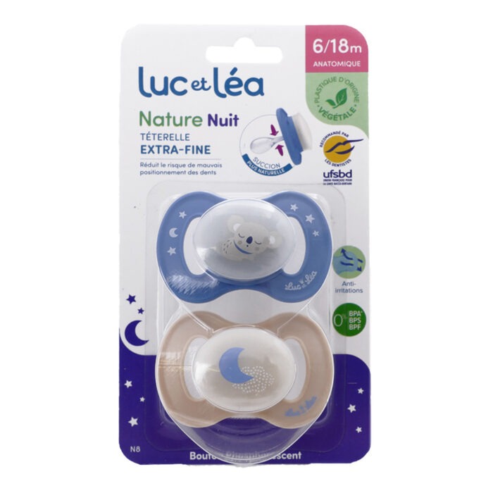 LUC ET LEA SUCETTE ANATOMIQUE NATURE NUIT LOT DE 2 SUCETTES 6-18M