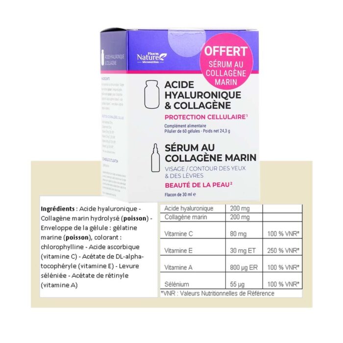 PHARM NATURE ACIDE HYALURONIQUE & COLLAGENE 60 GELULES + SERUM 30ML – Image 2